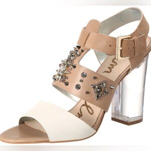 SAM EDELMAN Embellished Leather Sandal with Acrylic Heel
